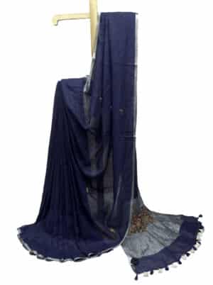 Sajan Sarita NX Navy Blue and Grey Pure Lenin Saree Full